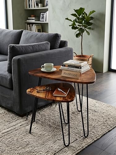Image of REDWOOD Modern Nesting Coffee Table Set of 2 | Wooden Top Center Tables with Metal Hairpin Legs | Space Saving Living Room Furniture | Stylish Side & Accent Tables for Home Decor | Brown