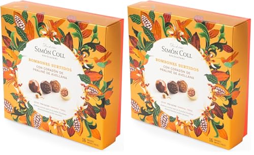 Bombones surtidos con interior de Praliné de Avellana, Caja de 16 unidades, 144g | Simón Coll (Paquete de 2)
