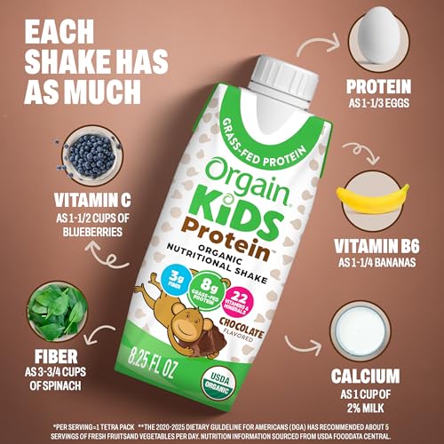Image of Orgain Organic Kids Dairy 8g Protein Shake, Chocolate, 8.25 oz, 4pk | Nutritional drink, grass-fed protein, 22 vitamins & minerals, 3g fiber, non-GMO, no soy, healthy snack for picky eaters