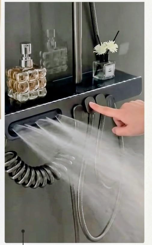 Image of X-XONIER Luxury Thermostatic Shower System with Rainfall Showerhead, 5-Way, Piano Key, Mixer Valve, Integrated Storage Shelf, 3 Ways Multi-Function Handheld Spray, and 2 mode Bidet Sprayer. Grey