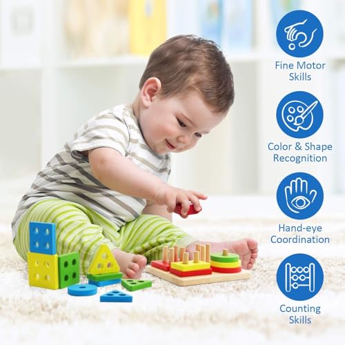 Image of SHINETOY ENTERTAIN KIDS Wooden Stackable Blocks & Shape Sorting Board | Geometric Shape Stacker | Eco-Friendly & Non-Toxic Wooden Toy | Early Childhood Development Toys for Fine Motor Skills, 16 Pcs