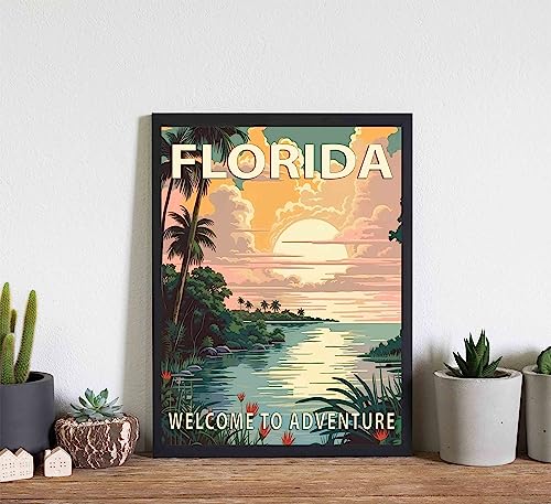 Florida Poster Art Print, Retro States Landscape Wall art Decor, Adventure Mountain and Scenery Painting for Bedroom, Living Room (Florida Scenery, 11x14 inches (Unframed))