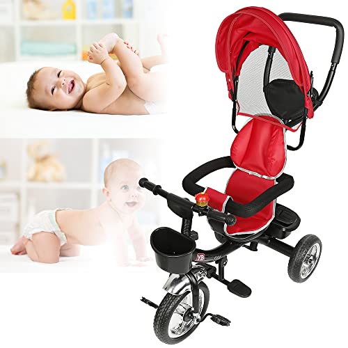 DDMINE Dreirad, 4-in-1, erweiterbares Baby-Dreirad, mit verstellbarem Schiebegriff, Stock, Glocke und Rückspiegel, Sicherheitsgurt, 9 Monate bis 5 Jahre, Baby (rot) – Bild 3