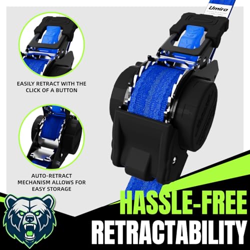 Image of Retractable Ratchet Straps, 4-Pack, 1 Inch x 12 Feet Heavy Duty Tie Downs, 1760lb Break Strength, Self Retracting for Truck, Cargo, Trailer, Motorcycle, ATV, UTV (Blue, 4pack)