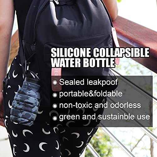 Image of Collapsible Travel Water Bottle19.6 oz, Reuseable Silicone Foldable Water Bottles for School, Office, Gym, Camping,Hiking,Portable Leak Proof Sports Water Bottle with Carabiner (Dark gray camouflage)