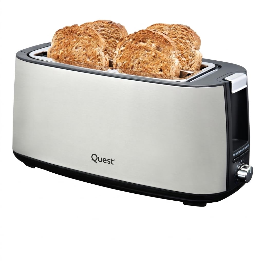 Quest 4 Slice Toaster with Long Slots, Removable Warming Rack and Removable Crumb Tray, 7 Browning Levels, Reheat & Defrost, Stainless Steel Finish