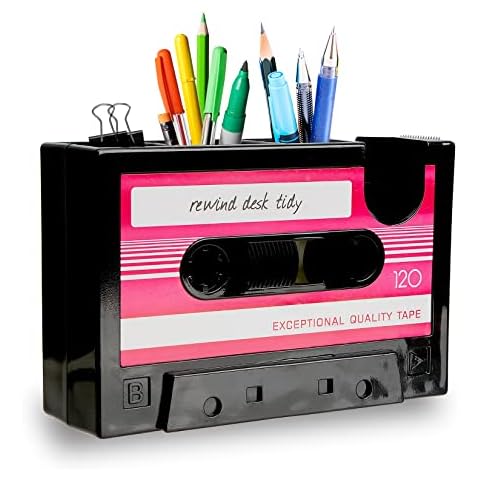 MXCELL Vintage Cassette Tape Pen Holder for Desk with Sticker Transparent Tape Dispenser Pencil Organizer for Office Desk Organizers and Accessories Standing Pen Case Pot Container Vase (Red) Cover