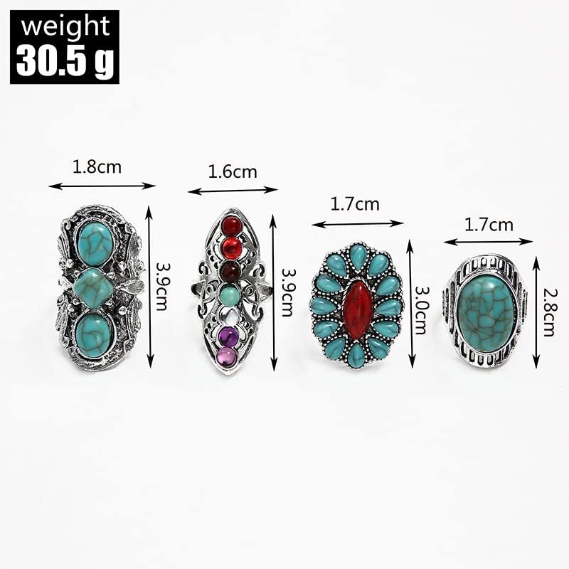 4 Pcs Bohemian Vintage Turquoise Oval Flower Rings for Women Geometric Ethnic Natural Stone Adjustable Silver Joint Knuckle Rings Western Cowgirl Statement Jewelry Gold image 4 of 4 B0DC13BJW1