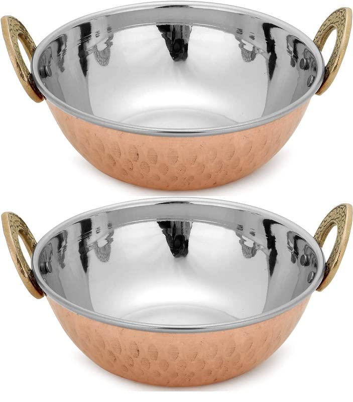 Nobel Balti Serving Dish, Hammered Polished Copper & Stainless-Steel Inner Layer Kadai for Currys Meal Double Insulated Dishes- Set of 2 (13 cm (5 1/8 Inches))