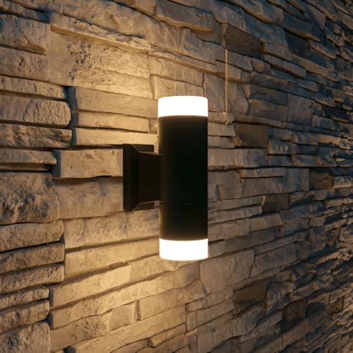 Image of VOLT 12V Cast Brass Up /Down Outdoor Sconce (Black) with Lanai Tube Top /Bottom & 5W 2700K Warm White LED MR16 Bulbs for Low Voltage Landscape Lighting