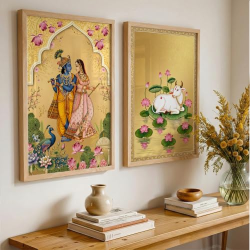 Image of Suneree Pichwai Radha Krishna Nandi Cow Gold Wall Art Painting | Set of 2 Framed Paintings | Traditional Indian Decor for Living Room Pooja Room Bedroom | (ART 8, 13x19 INCHES)