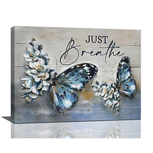 Farmhouse Blue Butterfly Flower Decor Wall Art Vintage Rustic Country Butterfly Just Breathe Pictures Wall Decor Canvas Painting Prints Artwork Home Decorations Framed for Bathroom Bedroom 16″x12″