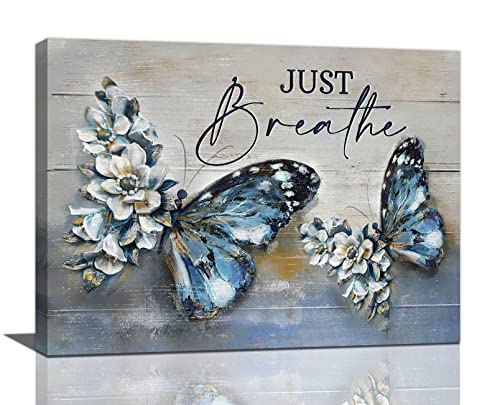 Farmhouse Blue Butterfly Flower Decor Wall Art Vintage Rustic Country Butterfly Just Breathe Pictures Wall Decor Canvas Painting Prints Artwork Home Decorations Framed for Bathroom Bedroom 16"x12"
