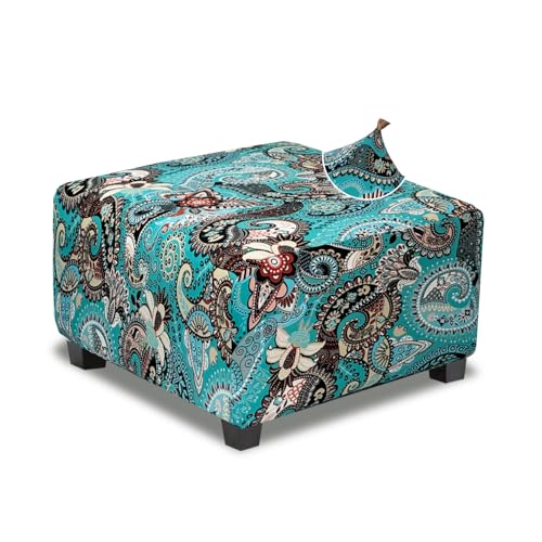 TOPHMDECOR Square Ottoman Cover,Stretch Slipcover,Peacock Blue,Medium