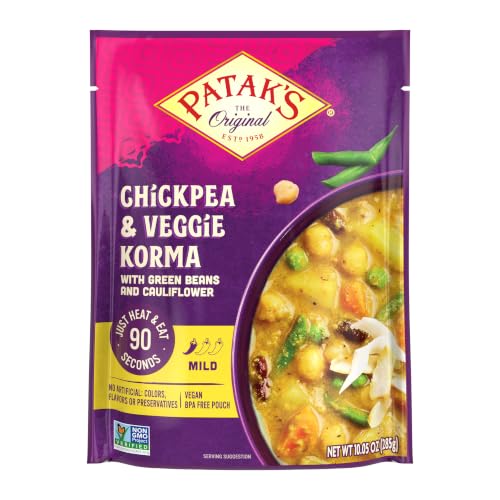 Image of Patak's Chickpea & Veggie Korma, Mild & Creamy Curry with Coconut, Chickpeas & Green Beans, Ready to Eat Meals, Vegetarian, 10.05 Ounce (Pack of 1)