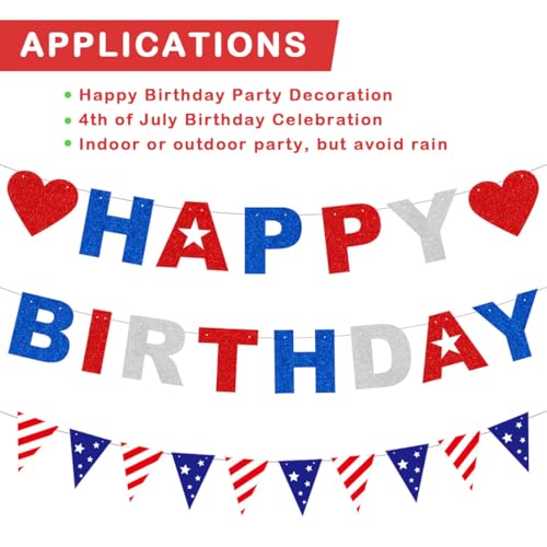 Image of 4th of July Happy Birthday Banner, Patriotic Birthday Party Decorations Pre-Assembly NO DIY Cake Banner Decorations Red Blue White Glitter Paper Letter Star Triangle Flag Garland