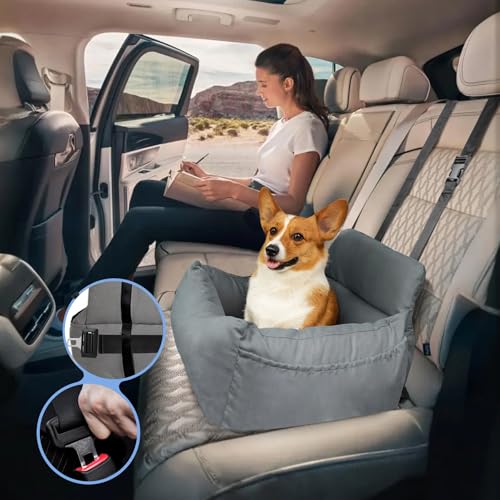 CALIYO Hundeautositz mit Stabiler Basis & Sicherheitsgurt | Hundesitz Auto für Kleine bis 10 kg | Memory Foam-Sitzauflage | Wasserdichter, Abwaschbarer Hundekorb mit Aufbewahrungstasche(Grau-Grün)