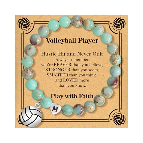 BAYLAY Volleyball Gifts for Teen Girls - Natural Stone Heart Initial Bracelet for Women Girls Volleyball Bracelet Jewelry Volleyball Accessories Stuff Senior Night Gifts for Players Team Lovers