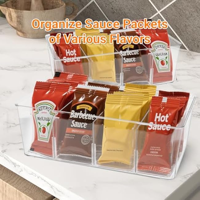 2 Pack Sauce Packet Organizer, Storage Box for Ketchup Packets, Hot Sauce Packets, and Condiment Packets, Made of Clear Plastic, Suitable for Kitchen Storage, Refrigerator Storage, One Lid Included