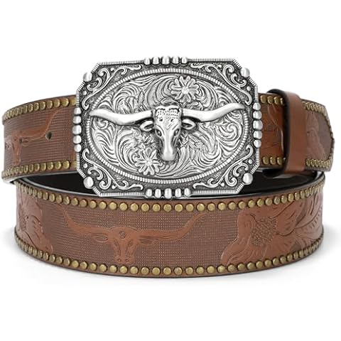 WOWOGO Western Cowboy Cowgirl Belt for Men Women LongHorn Bull Buckle Embossed Leather Belt Rodeo Country Belt Cover