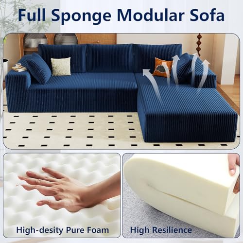 Image of 96 inch Modular Sectional Sofa, Modern Corduroy Cloud Couch with Deep Seat, Boneless Couch Upholstered 3-Seater L-Shaped Sofa for Living Room, No Assembly Required (Blue, Right-Facing Chaise)