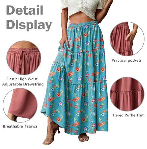 Image of Lepunuo Womens Casual Boho High Waisted Flowy Maxi Skirts Tiered Floral Long Skirts with Pockets for Summer Beach Vacation