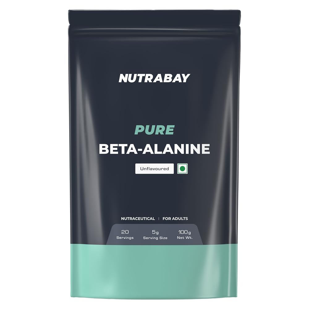 Nutrabay Pure 100% Beta Alanine Powder 2500mg, Pre Workout Amino Acid Supplement for Improved Endurance & Fatigue Reduction | Free from Steroids, Preservatives & Banned Substances - 100g, Unflavoured
