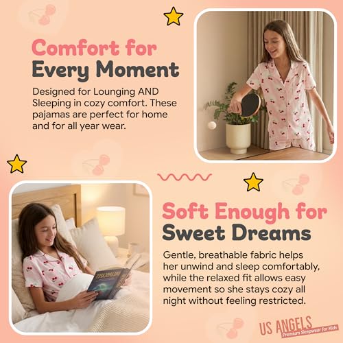 Image of US Angels Girls Pajama Set 3 Piece, Short Sleeve Button Down PJs with Shorts & Pants, Soft Sleepwear Girls & Tweens Size 5-16