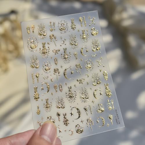 Image of Vintage Nail Stickers Moon Rose Bow Self Adhesive Nail Art Decal Decoration | Metallic Golden Retro Design Rabbit & Swan Nail Stickers 5D Embossed Decals for Women Luxury Style Nail Art Charms Supply