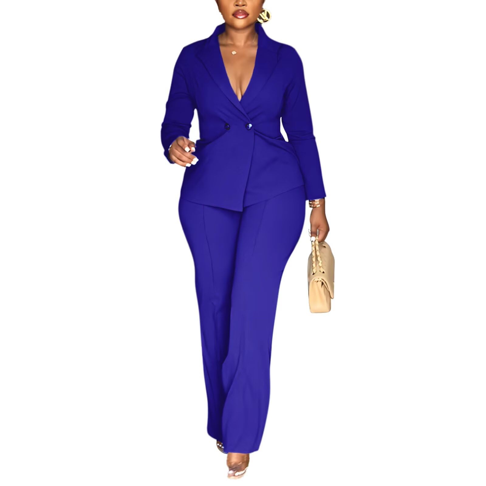 Women Double Breasted Blazer Pants Suit 2 Piece Outfits Casual Long Sleeve Blazer Set for Work Business-image-9