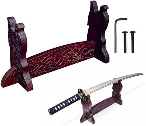 Espada de un solo nivel hecha a mano de madera maciza auténtica, soporte para hacha con diseño de serpiente vikinga grabada, 17 x 8 pulgadas