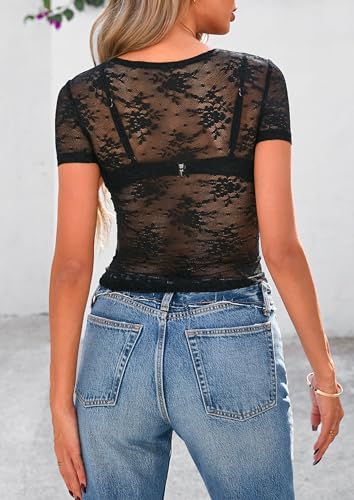 PRETTYGARDEN Women's Summer Sheer Lace Top 2025 Short Sleeve See Through Fitted Mesh Blouse Shirts Going Out Club Outfits2