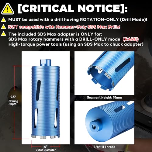 Image of 4 inch Dry Core Drill Bit, 5 /8 inch-11 Thread, with 3 Adapters Included: SDS Plus, SDS Max and 1 /2 inch Hex Shank - 9.5 inch Drilling Depth Core Bits for Brick, Block, Concrete, Stucco and Masonry(102mm)