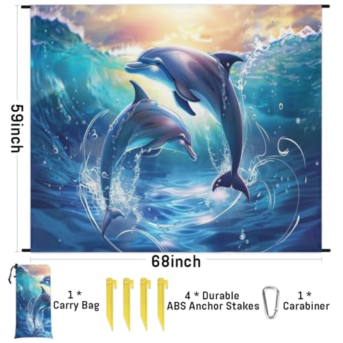 YPPAHHHH Ocean Dolphins Beach Blanket Waterproof Sandproof Sea Dolphins Extra Large Beach Mat Sand Free Quick Drying Lightweight Durable Outdoor Picnic Blanket for Travel, Camping, Hiking