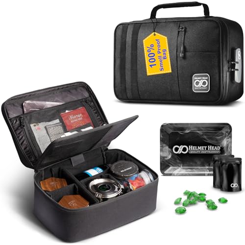 HELMET HEAD Smell Proof Bag and Stash Box, XL Smell Proof Box with Combo Lock for Your Mylar Bags and Smell Proof Containers. Includes 2 Smell Proof Bags and Metal Tray (Black)