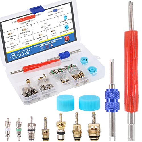 Glarks 78Pcs Car Air Conditioner Valve Core Schrader Valve Cores Accessories A/C R12 R134a Refrigeration Tire Valve Stem with Double Head Remover Installer Tool Assortment Kit