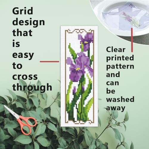 Image of INFUNLY 6PCS Flower Plants Cross Stitch Bookmark Kit for Adults Tulip Sunflower Cross Stitch Kits DIY Crossstitch Kit Green Leaf Stamped Embroidery Bookmark Kits with Instructions for Book Lovers