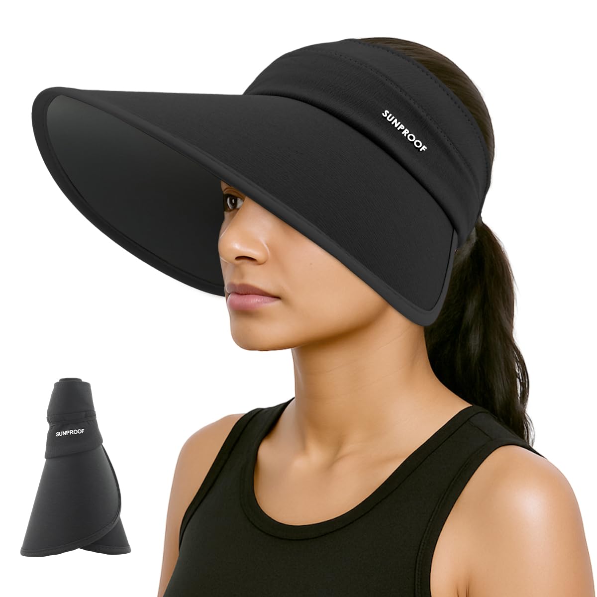 Sun Visor Hat for Women UV Sun Protection Wide Brim Sun Visor Hat, Adjustable Elastic Closure, Dark-coated Underbrim, Packable Travel Hat Beach Hat Outdoor Sun Cap, Black-image-3