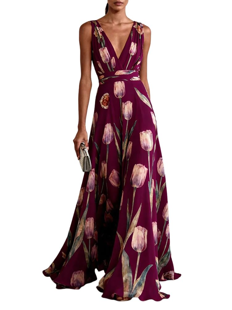 Onsoyours Donna Abito da Sera Casual Elegante Senza Maniche Scollo A V Lunghi Vestito Stampa A-Linea Cocktail Vestiti Vita Alta Maxi Abiti Cerimonia