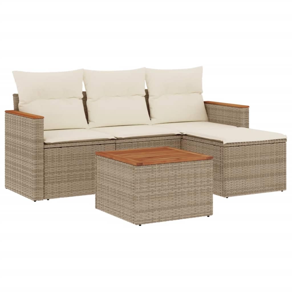 Festnight Conjunto Jardín de Ratán con Cojines Gruesos, Muebles Jardín Exterior con Almacenamiento, Sofá para Jardin Terraza Resistente a la Intemperie,Beige 5 pzas Type-59