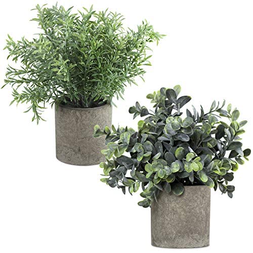 Fake Plants for Bathroom/Farmhouse Home Decor, Small Potted Artificial Faux Plants for Bedroom Office Desk (2 Pack)