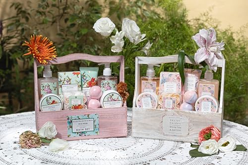 Accentra – Duschset Frauen Geschenkset im Holzkorb – 8-teiliges Pflegeset mit Duschgel, Bodylotion, Badezusätzen, Peeling & Handcreme – Wellness Geschenk Set zum Geburtstag, Valentinstag & Muttertag