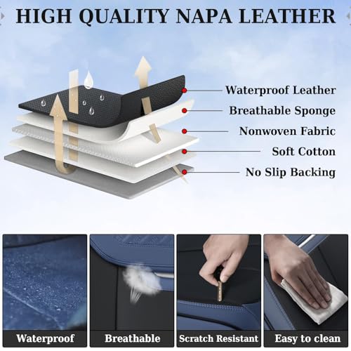 Image of Coverado Front and Back Seat Covers for Cars, Nappa Leather Car Seat Covers Full Set, Waterproof Carseat Protector Seat Cushion, Luxury Automotive Seat Covers Universal Fit for Most Cars(Blue&Black)