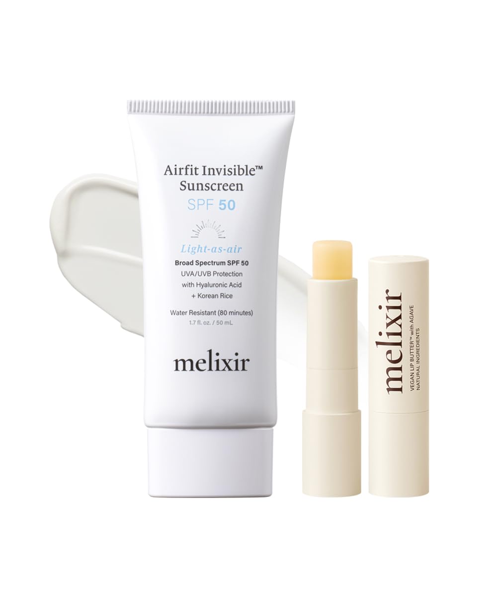 Melixir Best Seller Duo – Airfit Invisible Sunscreen & Vegan Lip Butter #01 Agave, Korean Rice Sunscreen with No White Cast, Hydrating, Soft Lip Balm for Dry Lips, Gift for Women, Travel Essential