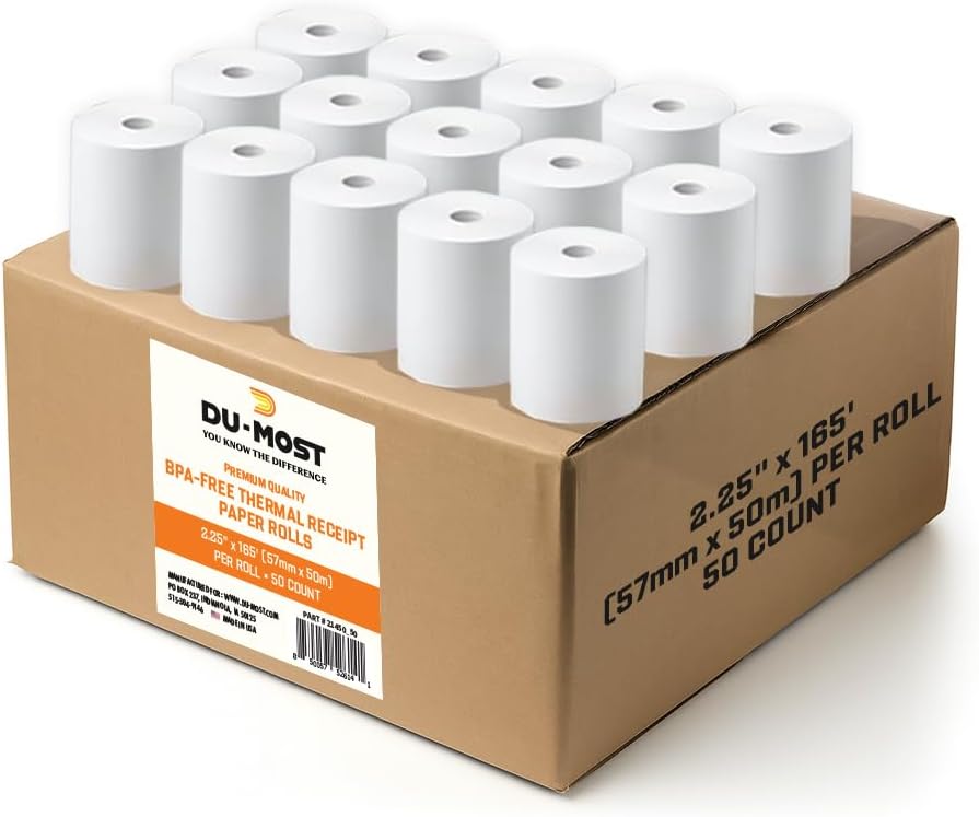 DU-MOST 5255 Thermal Receipt Paper Rolls, 2-1/4" x 165 ft, 50 Pack, BPA & BPS Free Premium Cash POS Register Paper Bulk for Credit Card Terminals, Receipt Printers