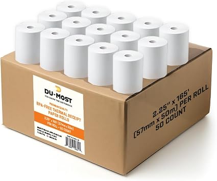 DU-MOST 5255 Thermal Receipt Paper Rolls, 2-1/4" x 165 ft, 50 Pack, BPA & BPS Free Premium Cash POS Register Paper Bulk for Credit Card Terminals, Receipt Printers