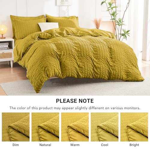 Image of HYMOKEGE Mustard Yellow Full Size Comforter Sets Seersucker 7 Pieces, All Season Luxury Bed in a Bag for Bedroom, Bedding Set with Comforter, Sheets, Pillowcases & Shams