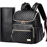 Weitars Diaper Bag Backpack Leather Baby Diaper Bag with Changing Pad Travel Diaper Backpack,Baby Bag for Mom,Stroller Straps,5 Insulated Pockets (Black Leather)