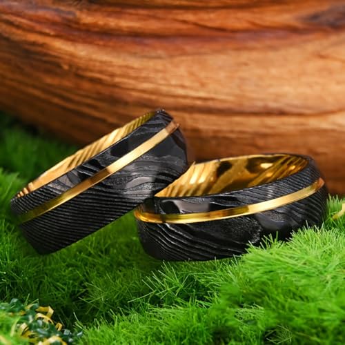 Damascus Steel Rings for Men Black Hammered 8mm Men's Engagement Wedding Bands Inlaid Gold Foil Meteorite Fragments Comfortable Suitable for Daily Parties3