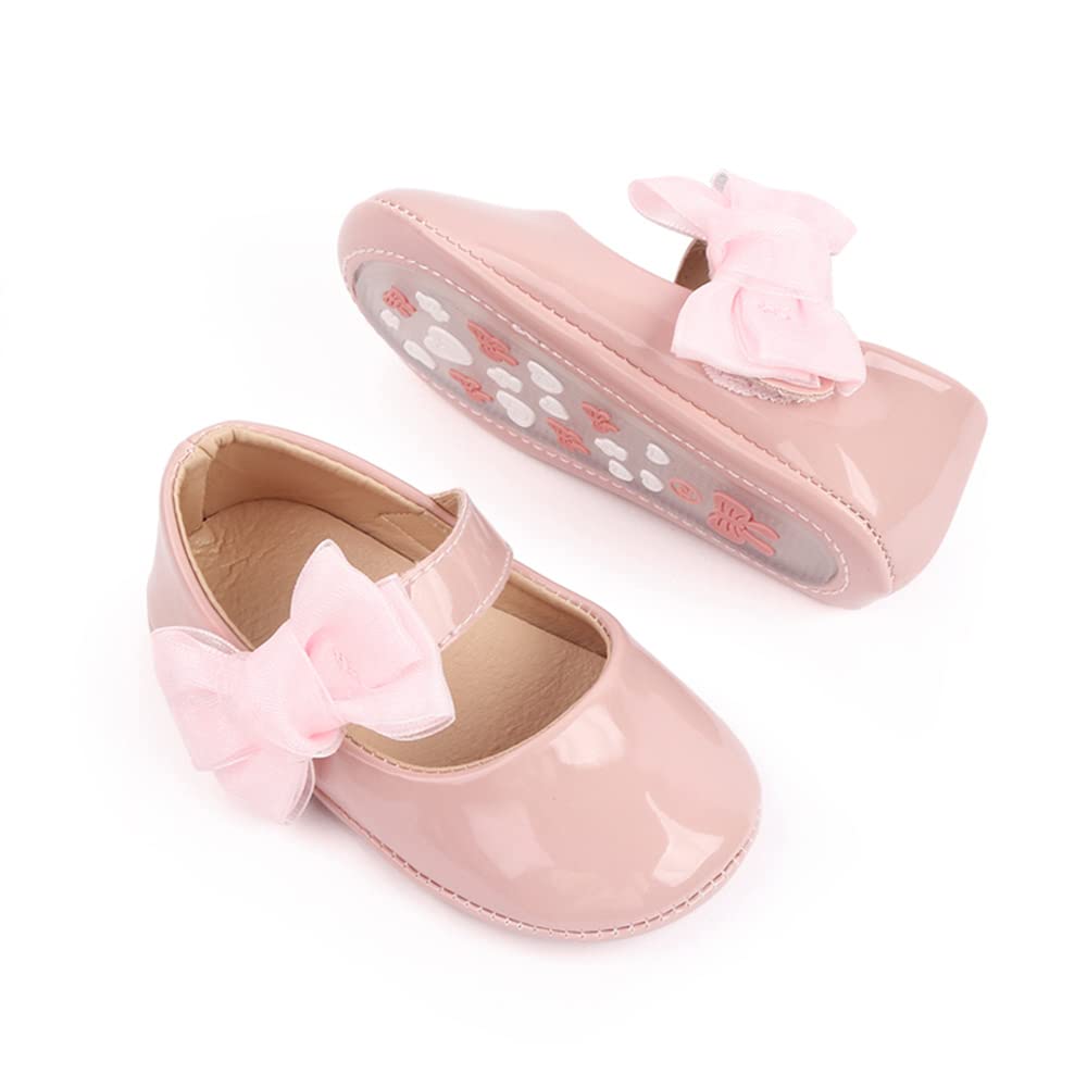 Miamooi Infant Baby Girls Mary Jane Dress Shoes Bowknot Princess Flats Toddler Non Slip Soft Rubber Sole Newborn Moccasins Crib Shoe A/Pink